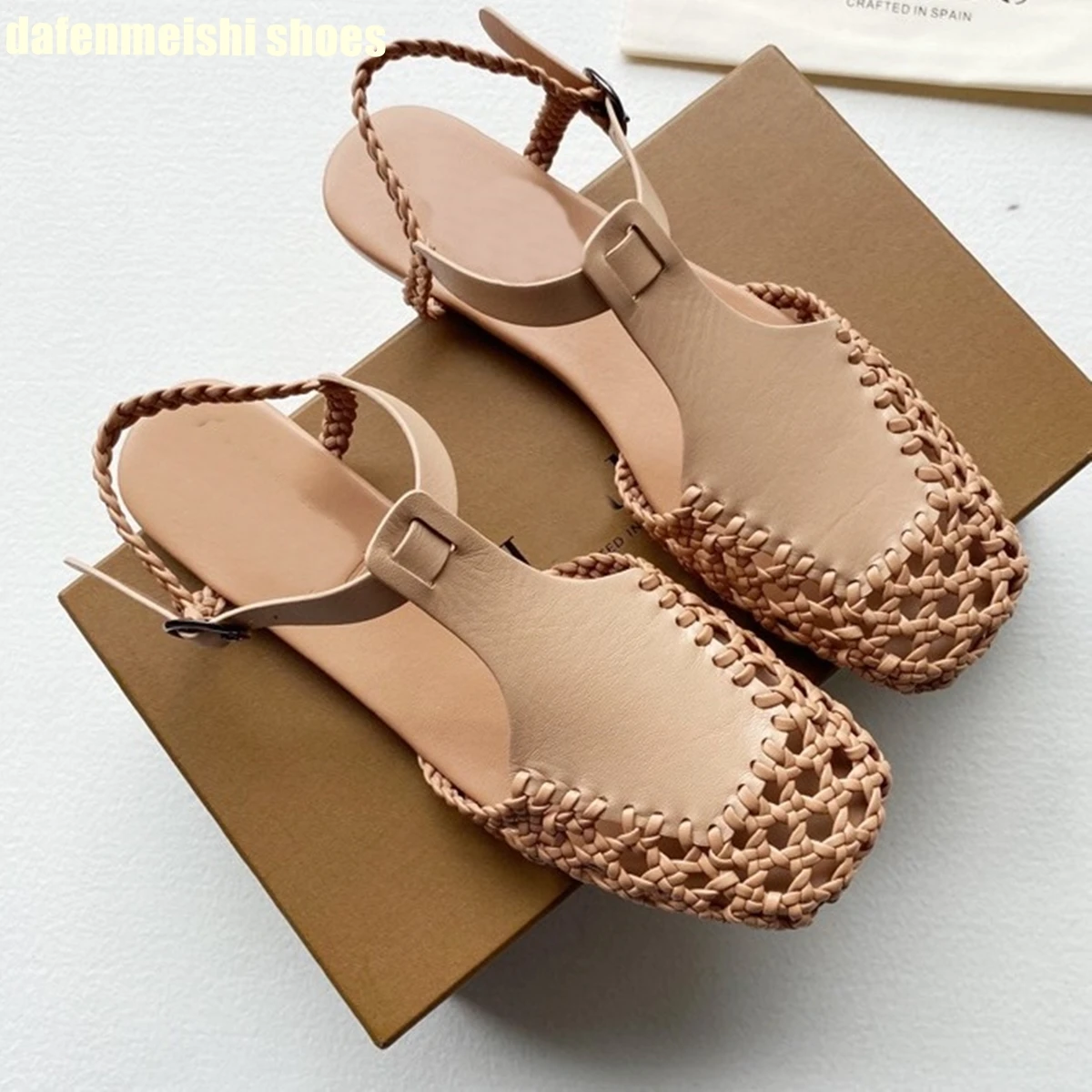 Flat Genuine Leather Woven Sandals Women\'s Hemp Rope Square Toe Summer Roman Shoes Singback Solid Color Fashion Shoes