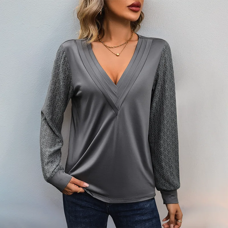 

Conciso 2024 Autumn Lace Stitching Long-Sleeved T-Shirt Layered V-Neck Solid Color Simple All-Match T-Shirt Top Women S8957