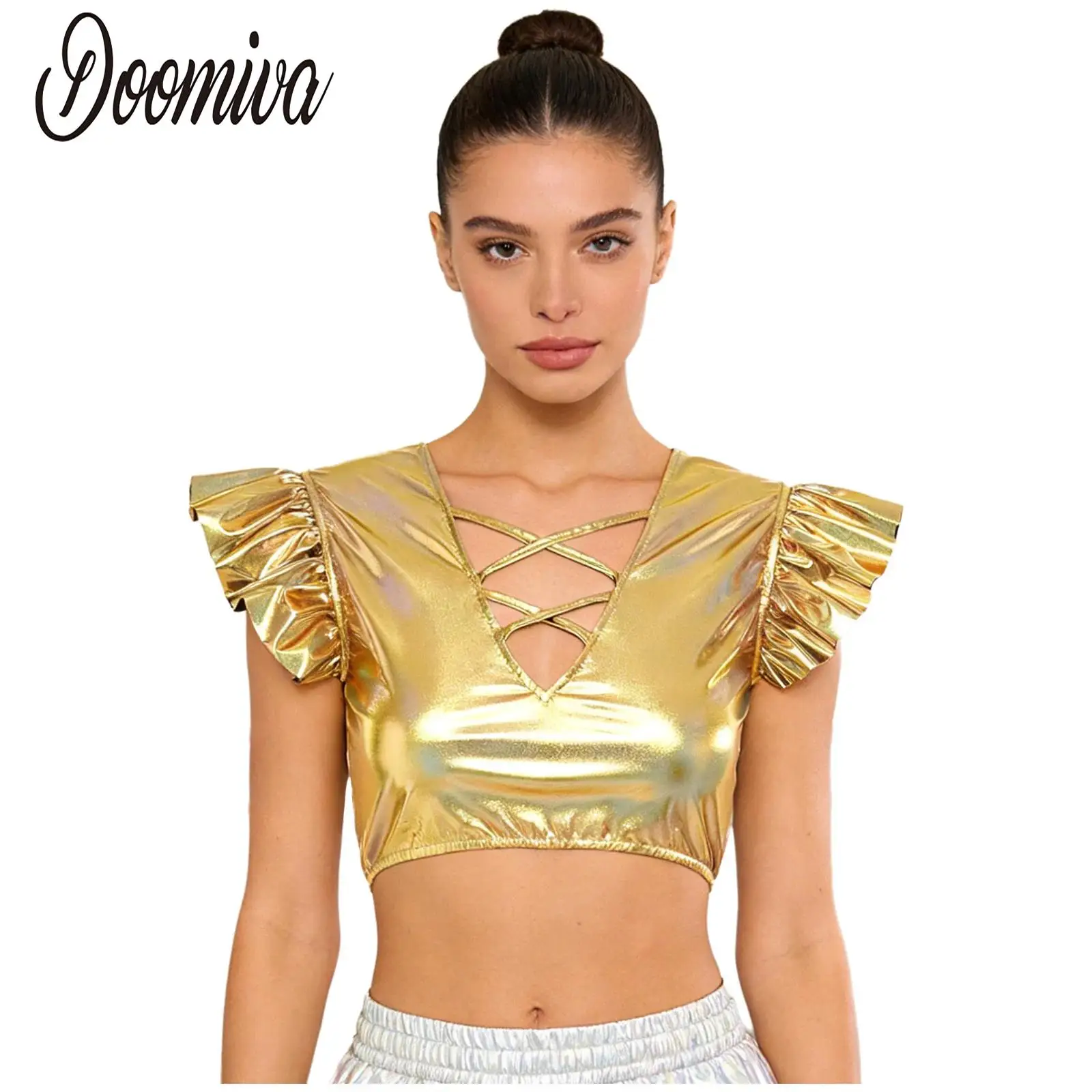 

Women Shiny Metallic Cutout Pullover Crop Top Pole Dance Festival Costume Stylish Strappy V-shaped Raves Party Tank Top Clubwear