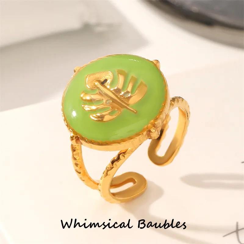 

Elegant Imitation Open Ring with Drip Glue Leaf Green Design Stainless Steel 18K Gold Plated Waterproof Hypoallergenic For Women