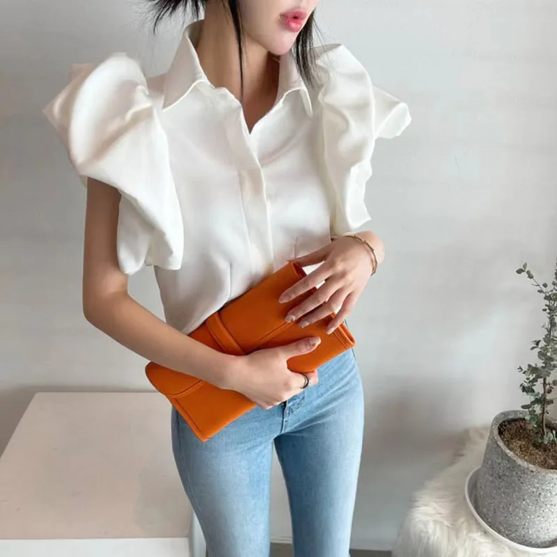 Ruffles Chiffon Shirts Women Y2K Summer Fashion Splicing Puff Sleeve Buttons Tops Female Korean Elegant All Match Blouse New