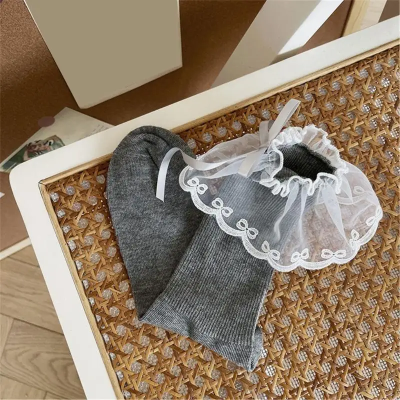 Y88A Ruffle Mesh Splicing Socks Short With Bows Dekorasi Kapur Kru Mahasiswa