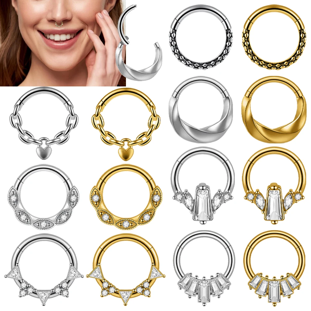 1 unidad de Piercing de Acero Inoxidable con Bisagra, tipo Clicker, con Zirconia, en forma de Corazón, para Septum, Nariz, Tragus, Cartílago, Daith, Hélice, Joyería Corporal 16G