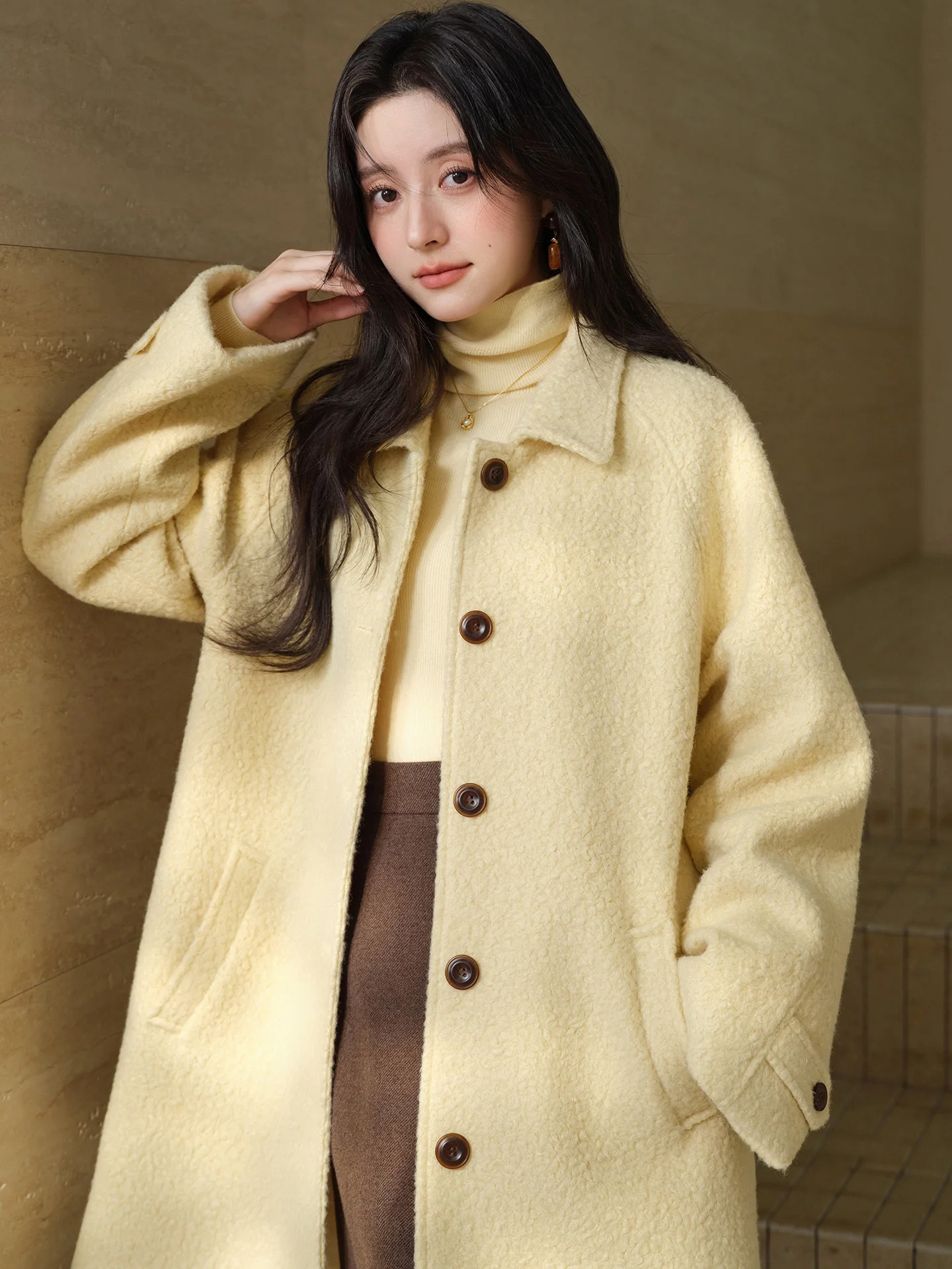 Abrigo tipo lana de un solo pecho para mujer, abrigo elegante de longitud media con solapa, ropa de abrigo cálida para invierno, ropa diaria de estilo clásico elegante