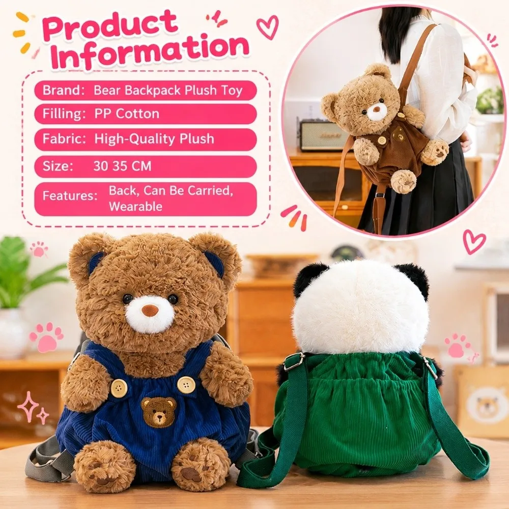 Furry Teddy Bear Backpack Adjustable Straps Lightweight Panda Storage Pouch Portable Versatile Stuffed Toy Bag