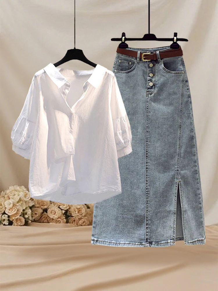 

Summer White Short Sleeve Collared Denim Skirt Set Women's Lazy Style plus Size Slimming Two Piece Set Shirt And Skirt Combo
