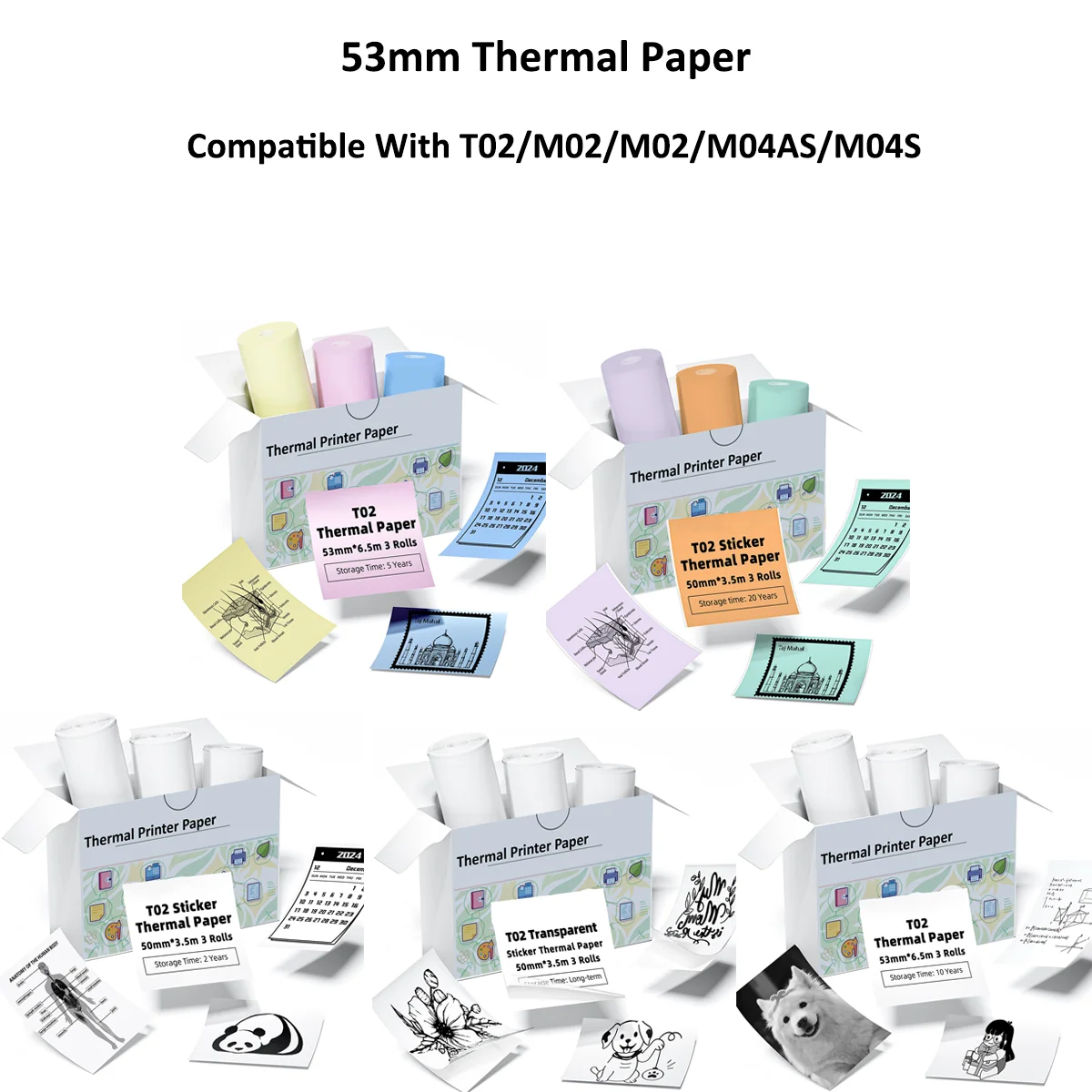 53mm Thermal Paper Roll - Compatible with T02/M02 Mini Printers, POS Receipts, Shipping Labels, Office/Home Use