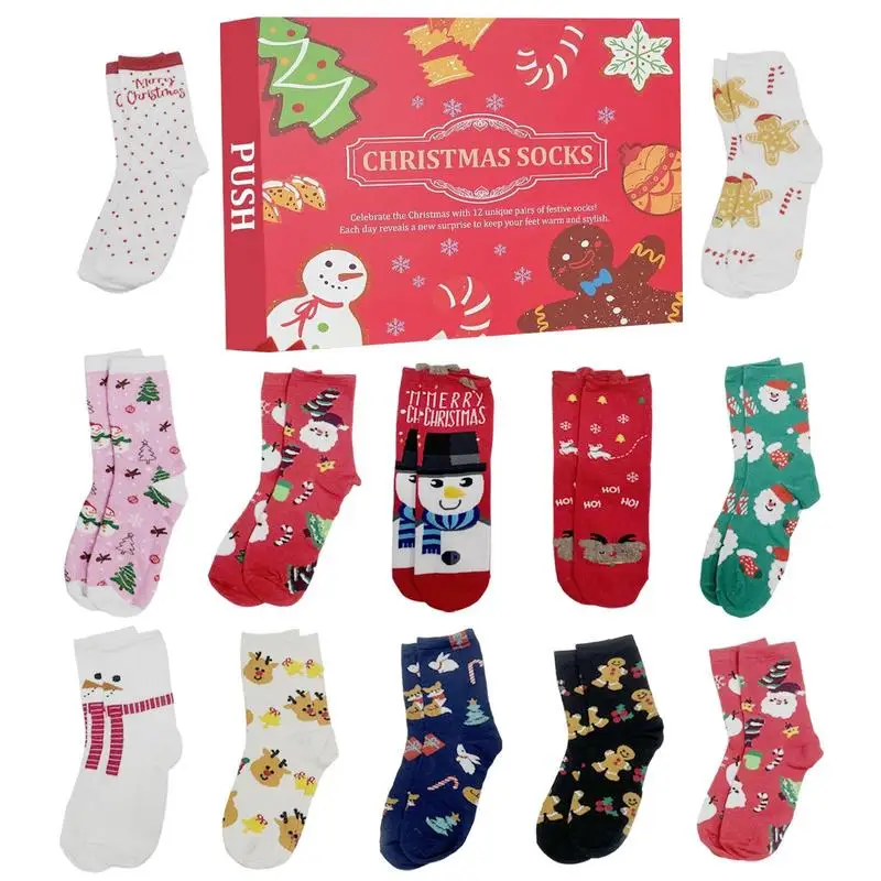 12Pairs Christmas Sock Women Printed Socks Christmas Advent Calendar Socks Bulk xmas socks Thanksgiving Crew Socks for Men