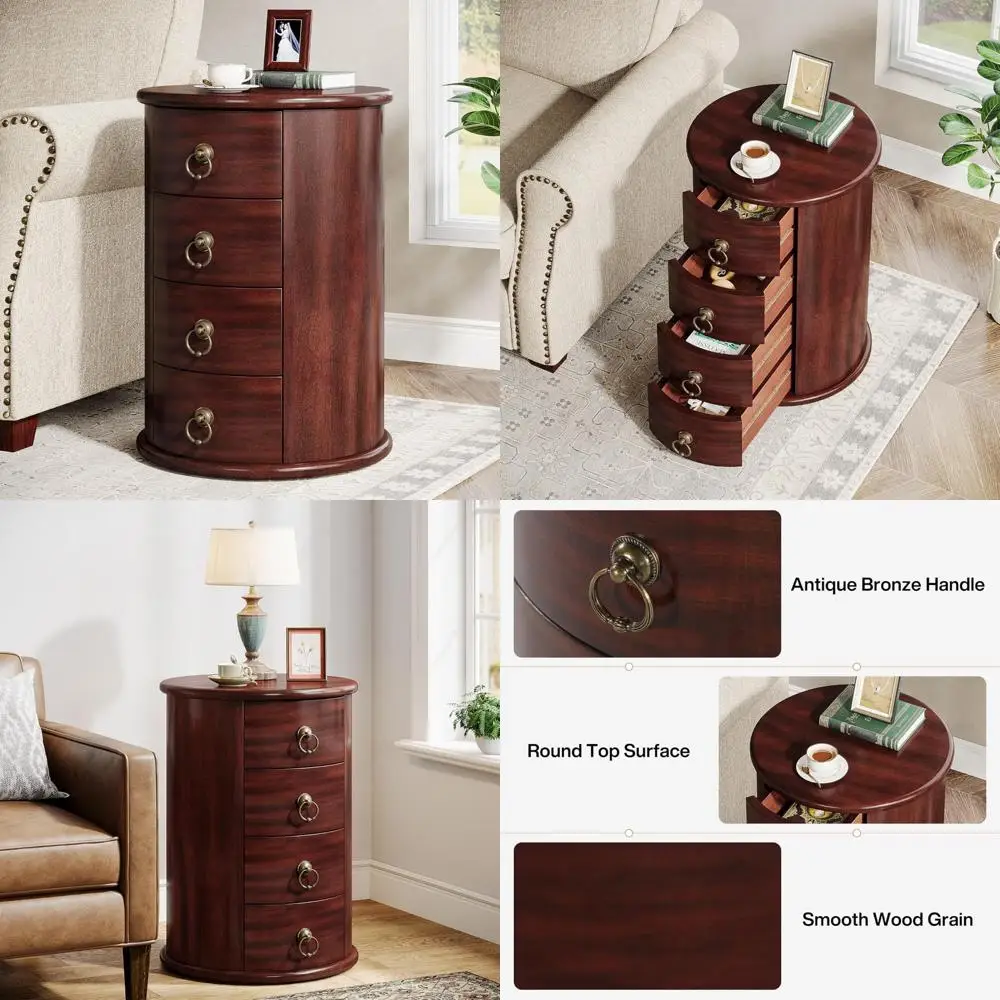 vintage round solid wood side table with 4 drawers, ideal for small spaces in living rooms and bedrooms