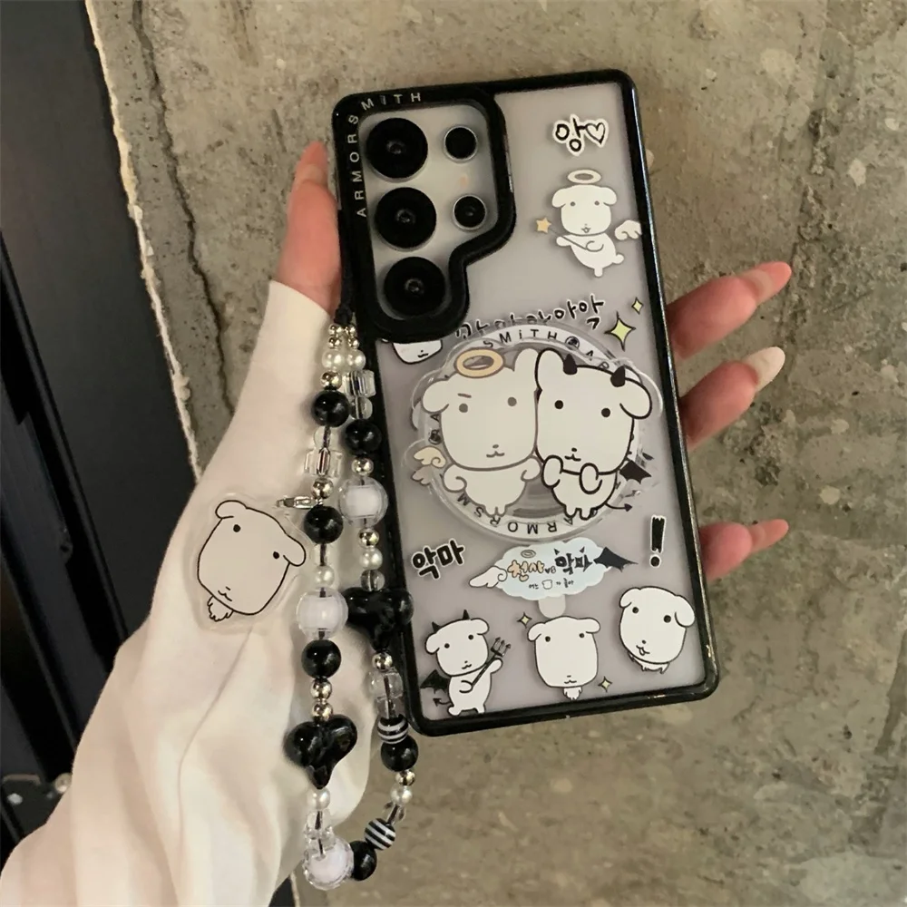 Image of Koreanische Cartoon-Hunde Magnetische Handyhülle für Samsung Galaxy S23 Plus S24FE S25 Ultra S26 Cover mit Magsafe-Ständer und Kette