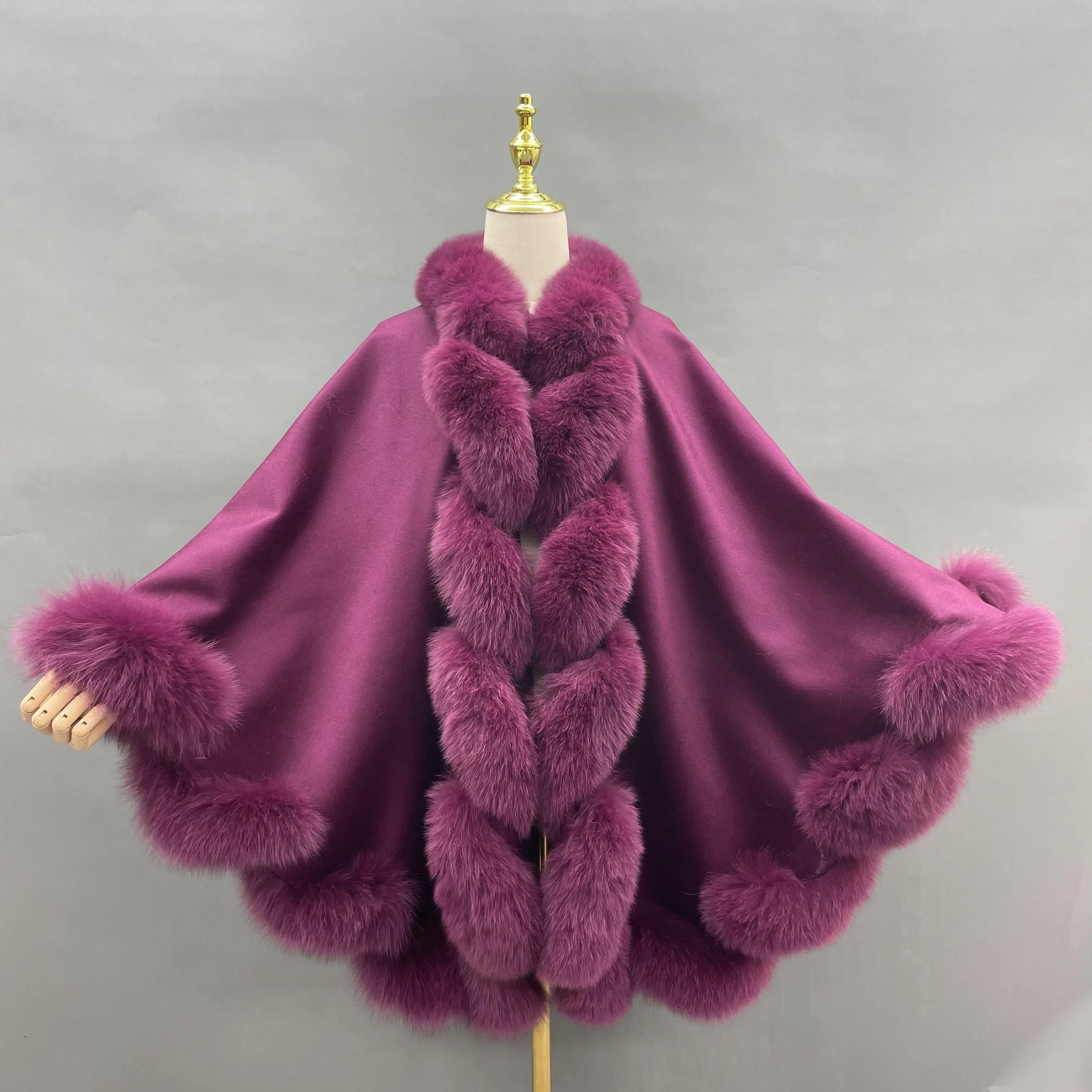 JANEFUR Cashmere Poncho Cape with Real Fox Fur 2023 New Fashion Luxury Soft Wool Cloak Elegant Ladies Winter Coat