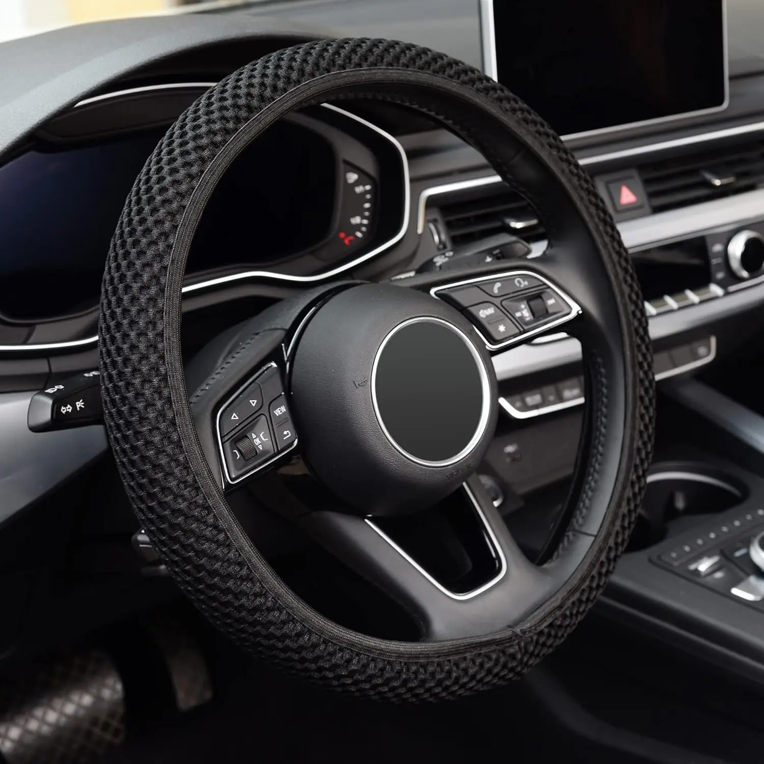 

Elastic Stretch Steering Wheel Cover, Warm Winter Cool Summer, Universal 15 Inch, Breathable Anti-Slip Black