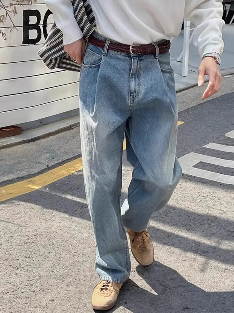 

Мужские джинсы в стиле ретро, свободные, прямые, повседневные, удлиненные, весенне-осенние, удобные, классические, синие, деним