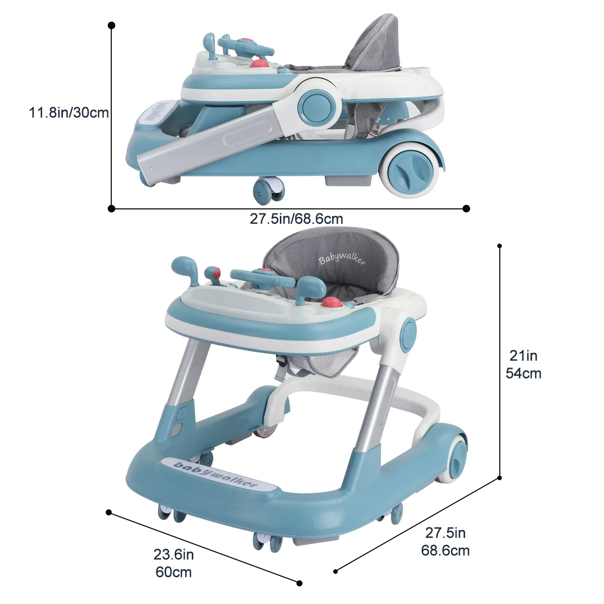 Trotteur d'activité pliable pour bébé, marcheur à pousser avec plateau d'alimentation amovible et plateau à musique pour bébé de 6 à 18 mois