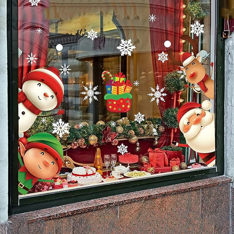 Fensteraufkleber mit Weihnachtsmann, Schneemann, Rentier, Schneeflocke, Weihnachtsatmosphäre, Dekoration, Glasfenster, statische Elektrizität