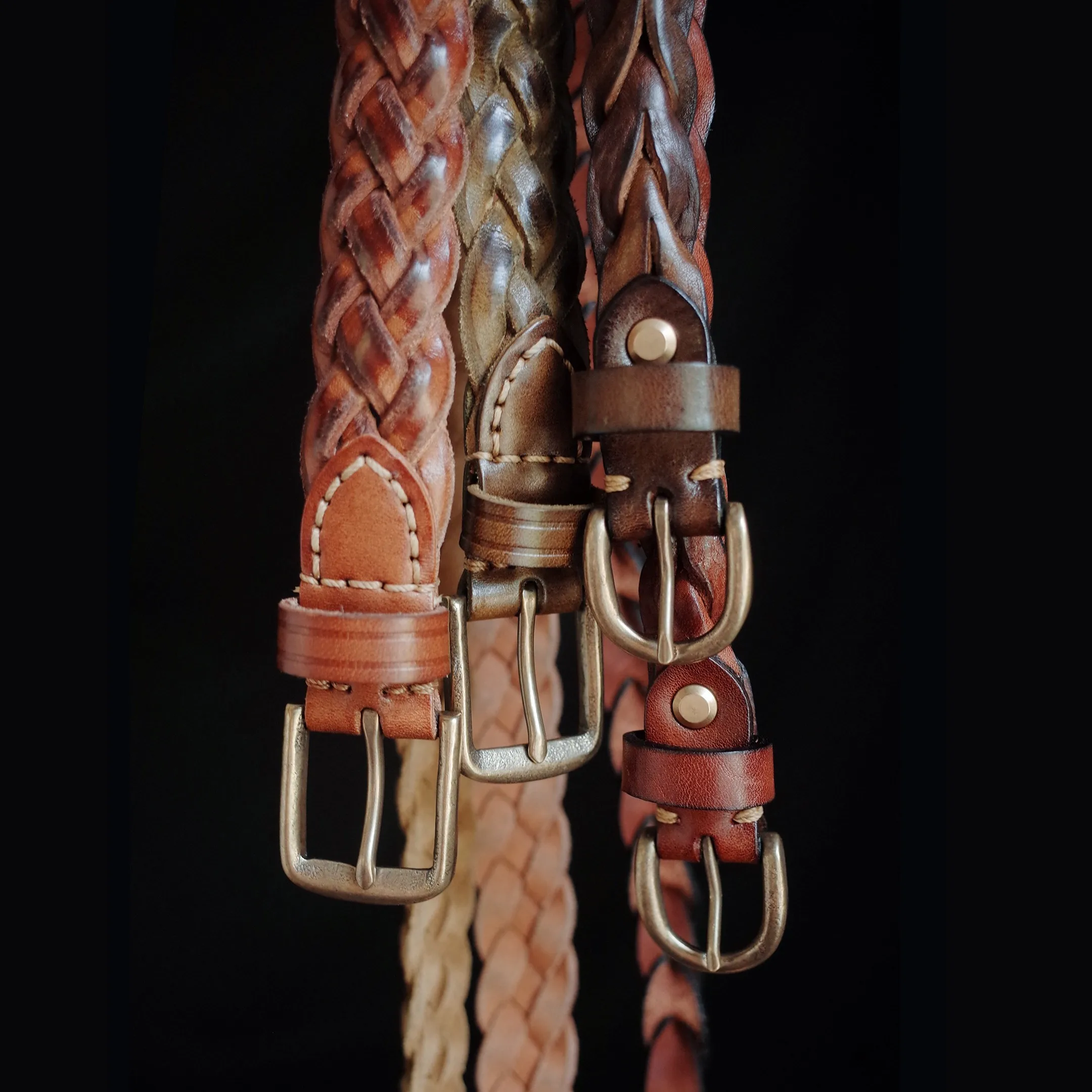 Vintage Handmade Italian Top Layer Leather Braided Belt for Unisex Brass Buckle Classic Casual Commuter Adjustable Waist Belt