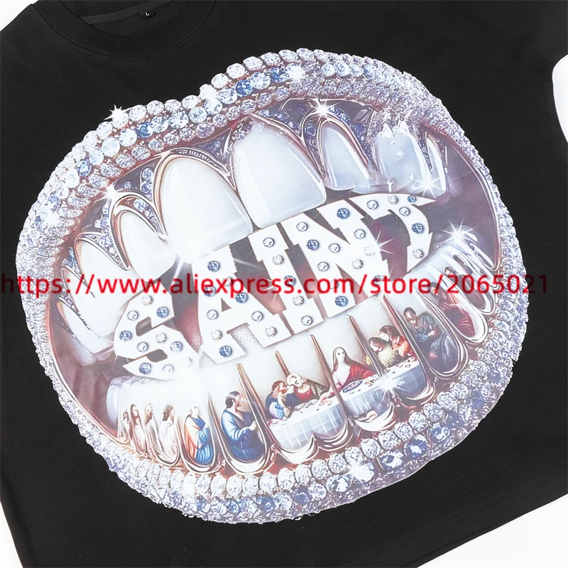 T-Shirt nera con stampa dentale Saint Tears uomo donna Streetwear T-Shirt Oversize Tee Tops