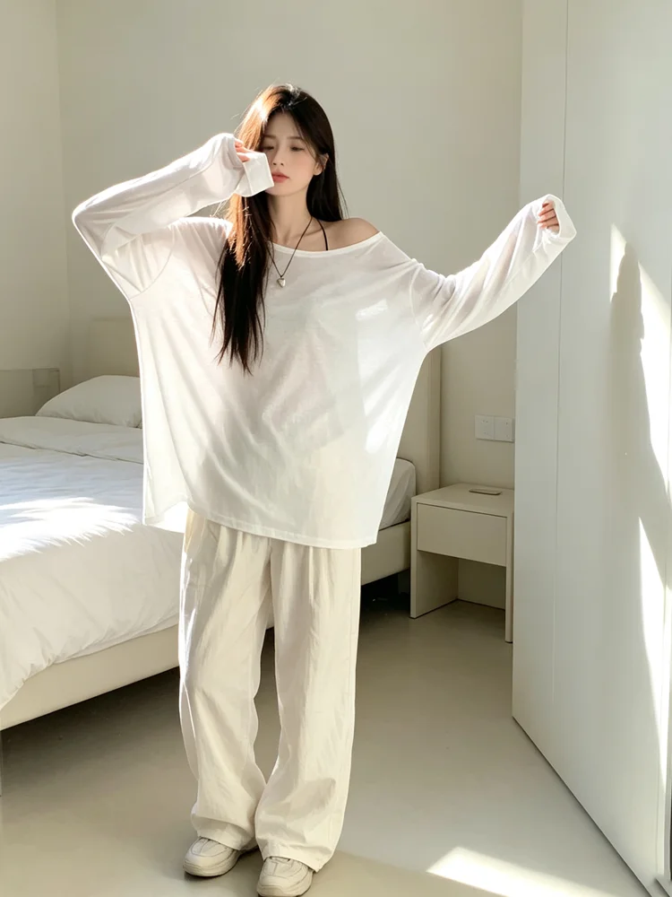 Lazy Wind Sloping Shoulder Long Sleeve T Shirt Women Oversized Sheer Thin Breathable Fabric Casual Daily Loose Fit Basic Top