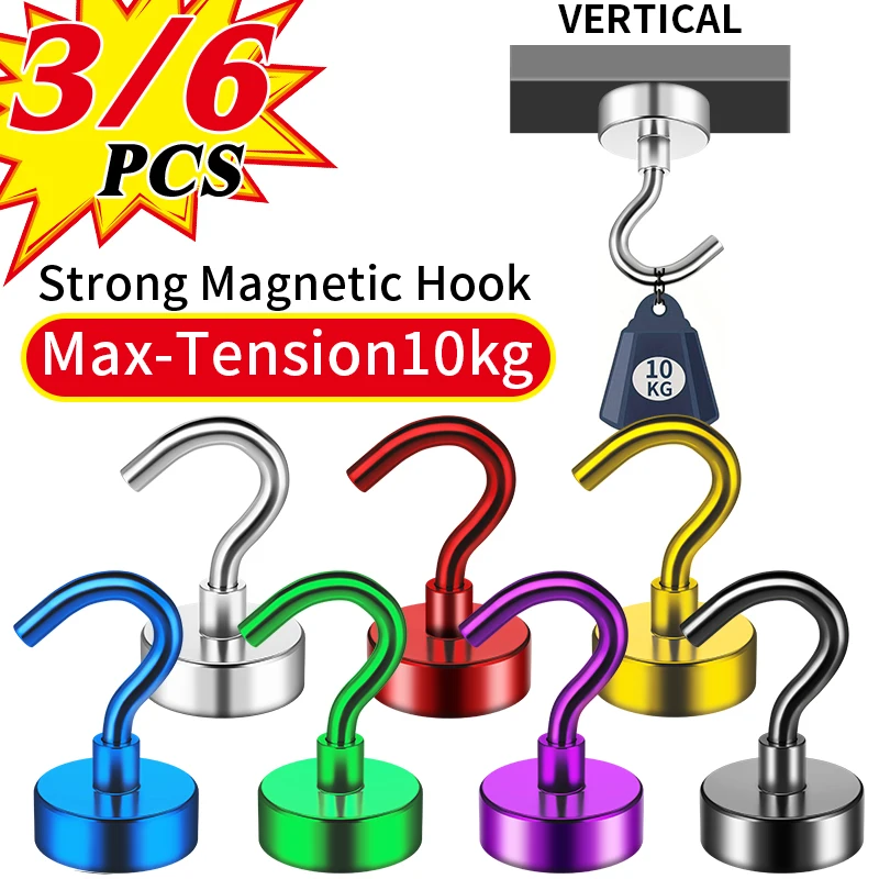 3/6Pcs Magnetic Hooks Heavy Duty, 25 LBS Strong Magnets with Metal Hooks for Refrigerator, Kitchen, Workplace