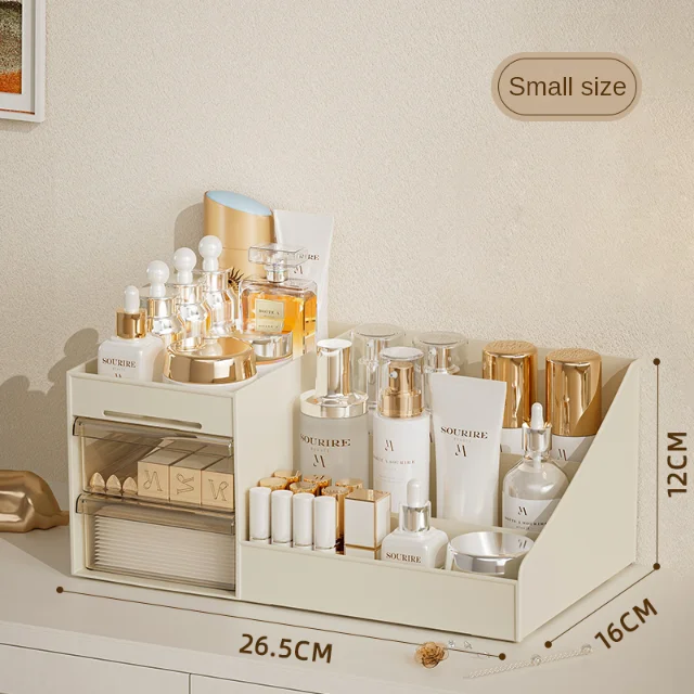 Desktop cosmetic organizer shelf with drawer and display case