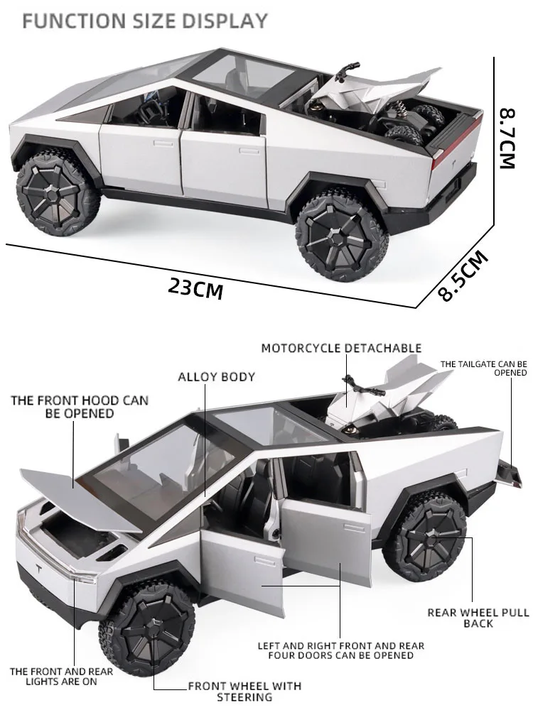 Tesla Cyberpunk Pickup Truck Modelo, 1:24, Simulação de Liga, Luz e Som, Puxar, Veículo Off-Road, Coleção Meninos, Decoração