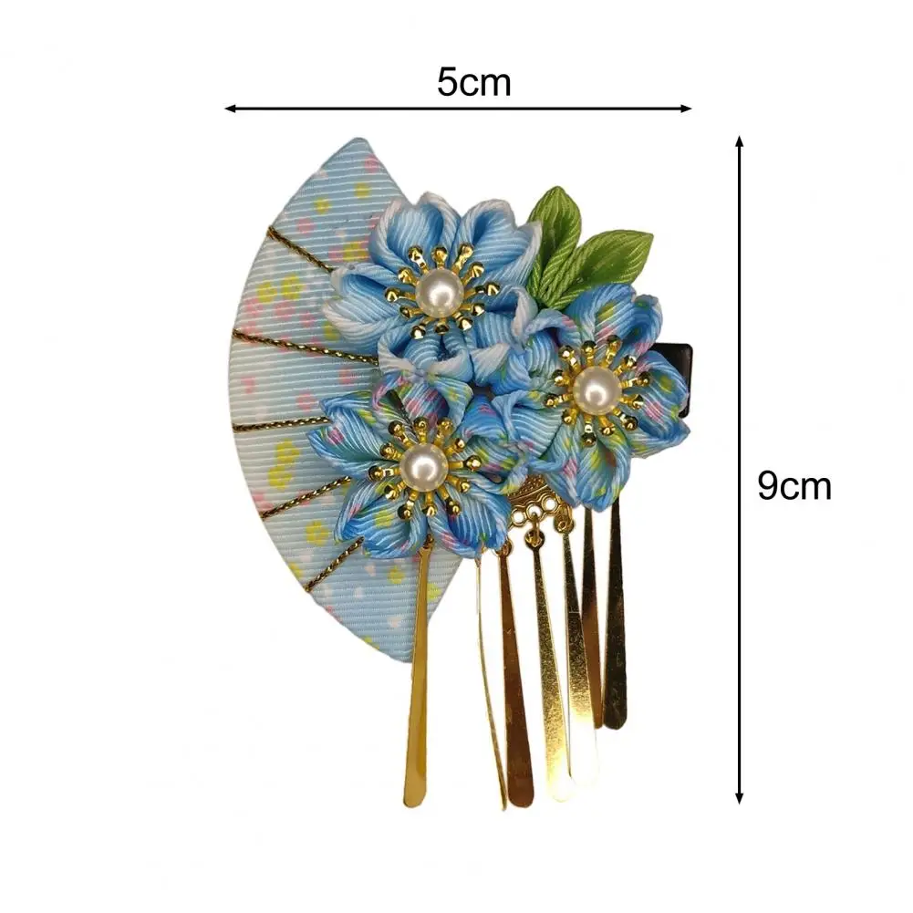 Women Hairpin Faux Pearl Flower Fan Decor Japanese Traditional Dress Kimono Robe Hair Clip Kids Girls Cosplay Hair Accessories