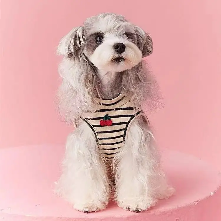 Autumn and Winter Striped Cherry Base Shirt, Little Dog Vest Schnauzer Teddy Bear Cherry Striped Sleeveless Vest for Small Dogs