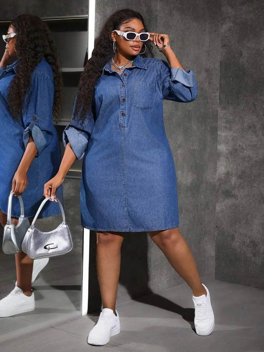

Plus Size Denim Shirt Dress with Long Sleeves and Button Front