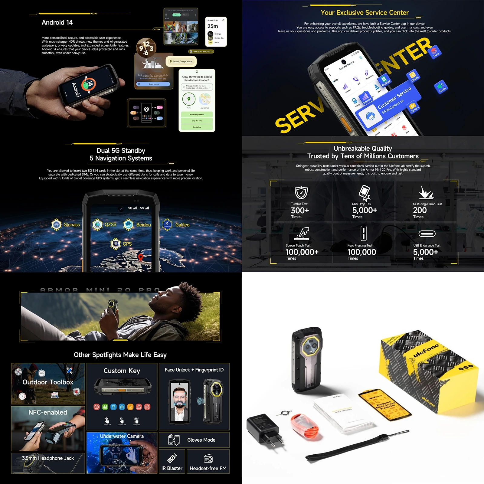 هاتف Ulefone Armor Mini 20 Pro متين 8GB + 256GB 4.7 بوصة أندرويد 14 MTk الأبعاد 6300 5G NFC 6200mAh 33W 50MP هاتف ذكي