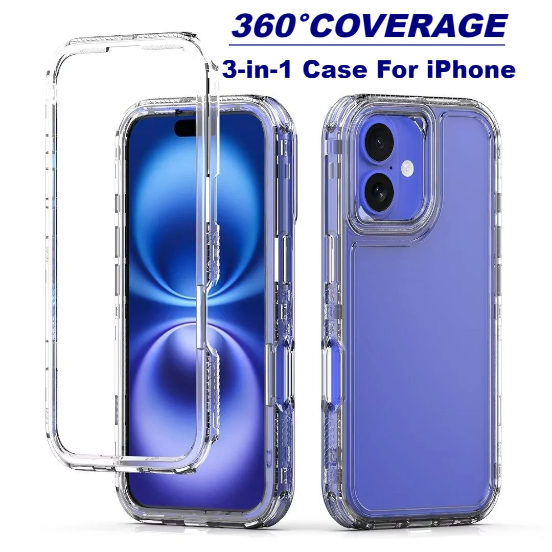 Simple 360° Clear Full Body Shockproof Phone Case For iPhone 16 15 Pro Max 14 Plus PC+Acrylic Scratch-proof Sleek&Stylish Cases