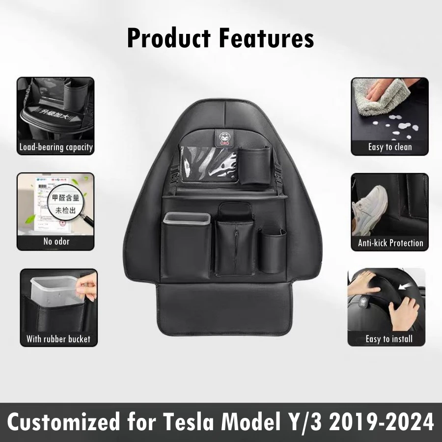 For Tesla Model Y Model 3 2019-2024 Backrest Organizer with Foldable Table Tray & Extra Storage Case PU Leather Seat Protector