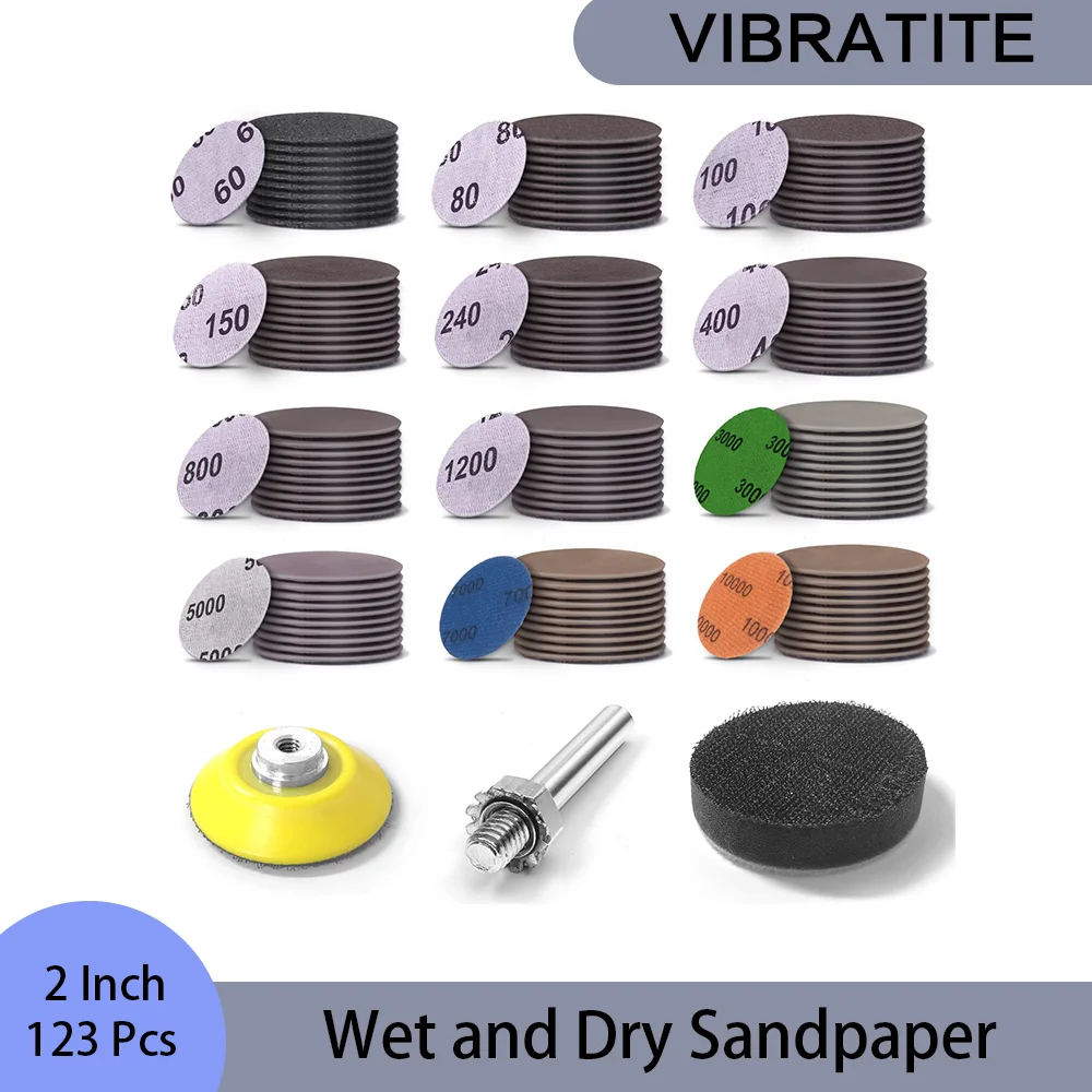 2 Inch Wet and Dry Sandpaper 123 Pcs with Backer Plate and Foam Buffering Pad for Polishing and Sanding Wood Metal Car Drywall