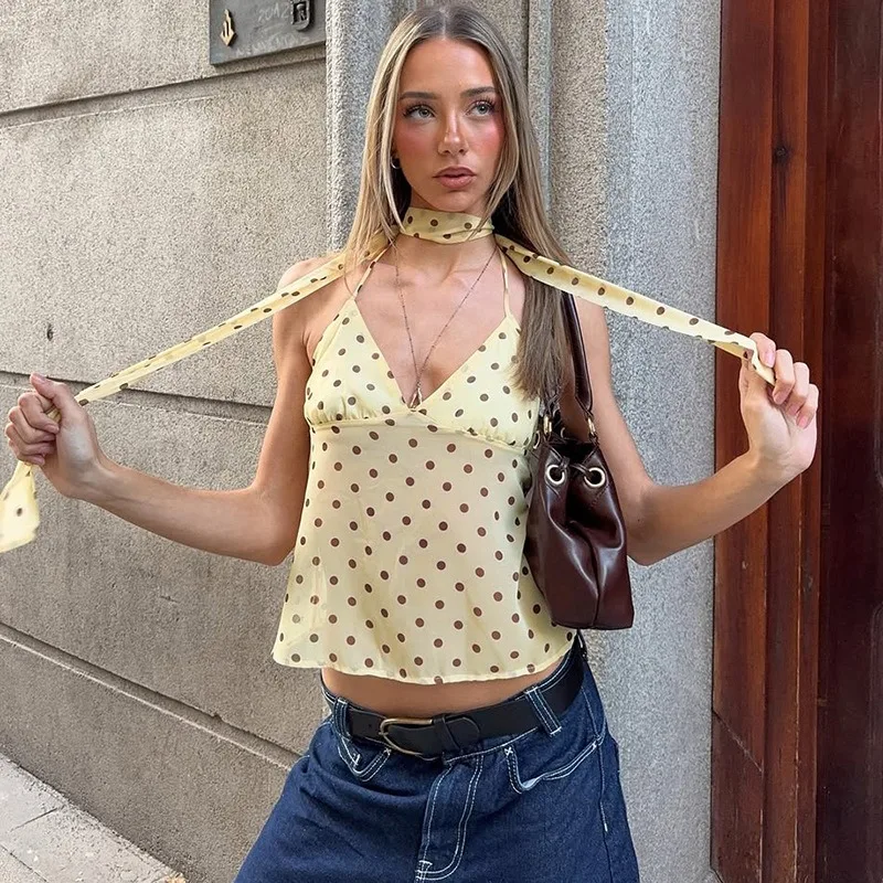 

Tuularose Women's Summer Camisole Sexy Polka Dot Print V-neck Scarf Ribbon Vest Tees Fashion Hot Girls Party Casual Women's Tops