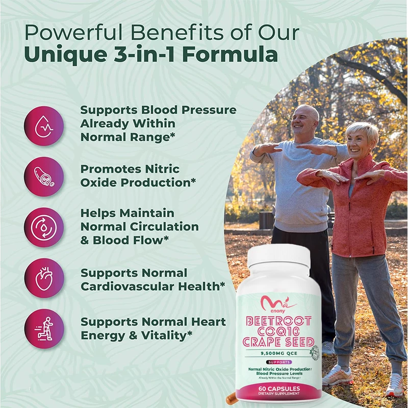 Beetroot 3-in-1 blood pressure supplement, containing coenzyme Q10 and grape seeds, promoting heart health, 60 capsules