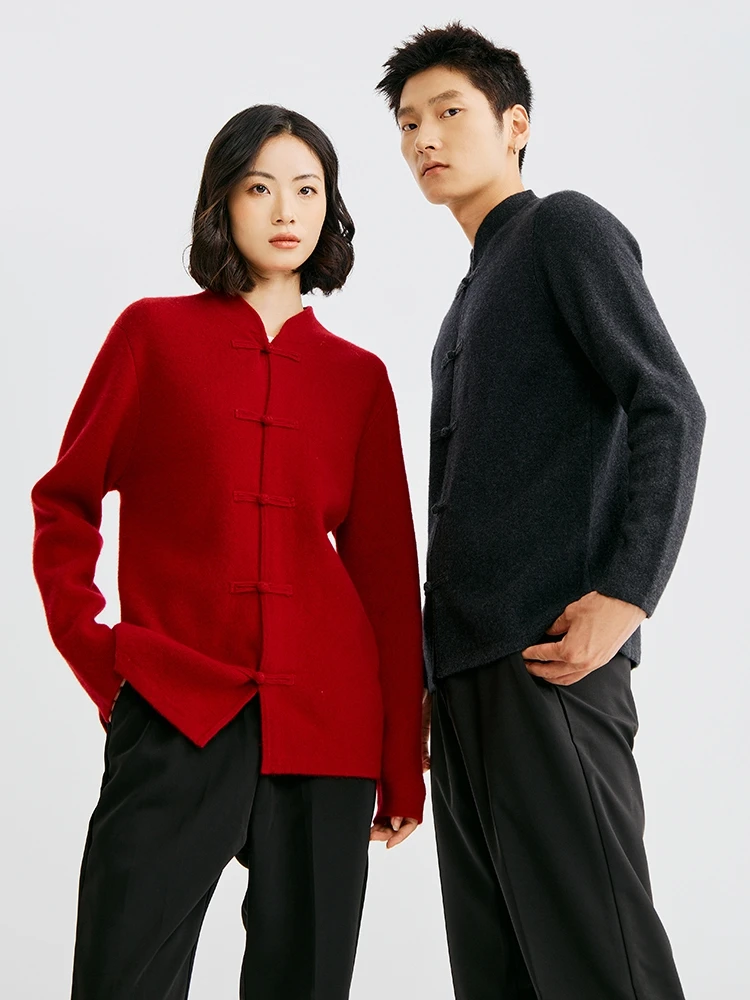 

New Chinese Style Autumn Winter Vintage Cardigan Couple Sweater Men Women Knitwear 100% Merino Wool Warm Formal Banquet Clothing