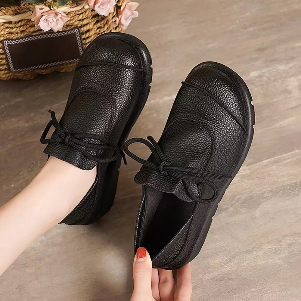 Flat Shoes Women'S New Mother Shoes In Autumn 2024 Round Head Casual Lace-Up Soybean Shoes Wholesale