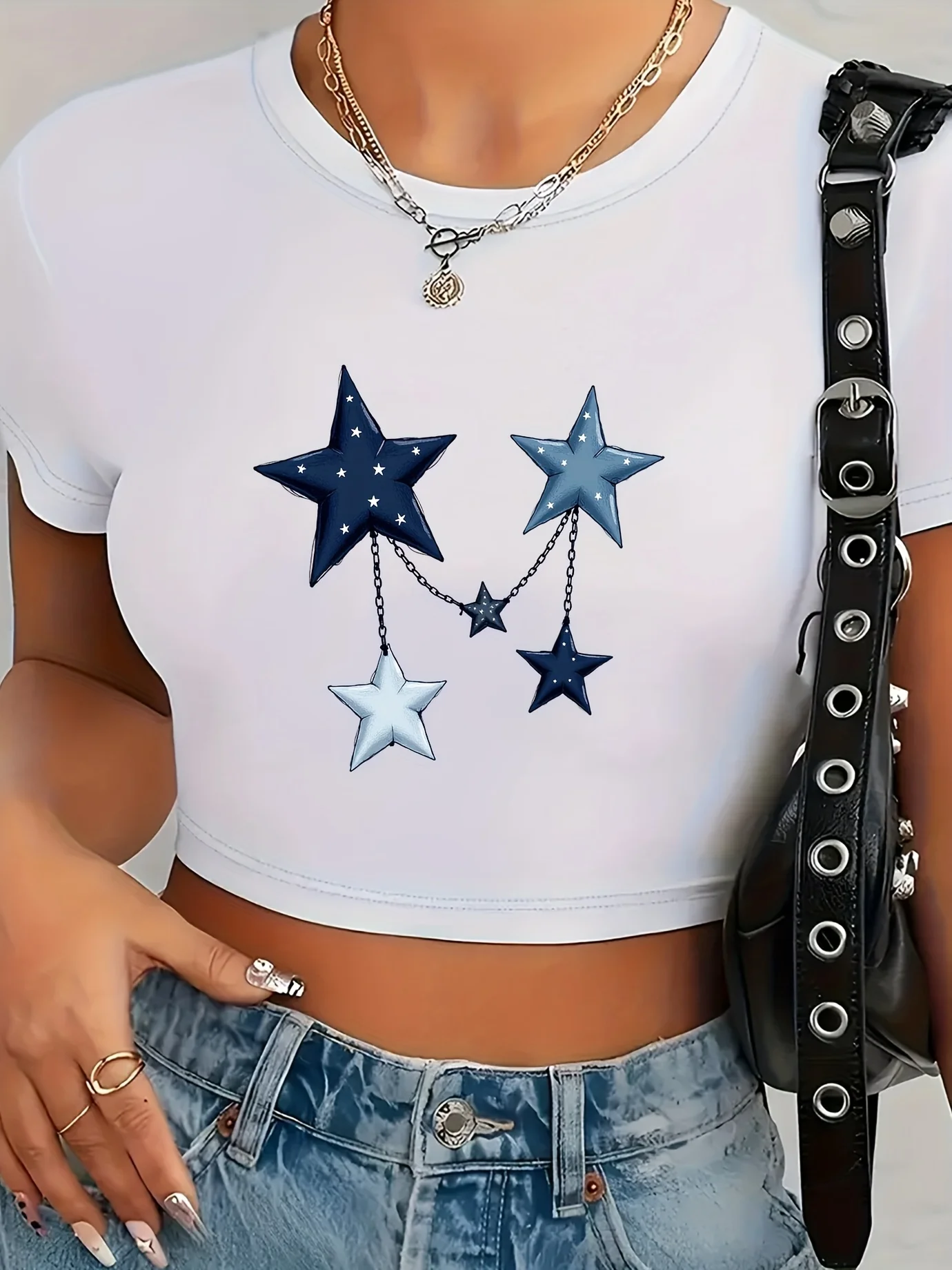 Short-Sleeve Crop with Star Print Round Neck Casual Top Short Length Summer Short Sleeved Harajuku Streetwear Tops Tees