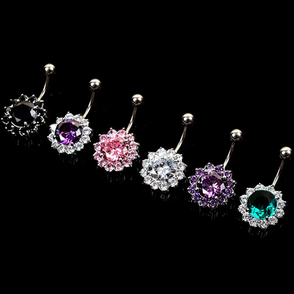 Fashion Chic Beauty Rhinestone Popular Zircon Barbell Crystal Flower Navel Button Piercing Belly Body