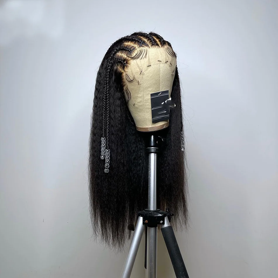 Soft Yaki 26" Long Natural Black Kinky Straight Preplucked 180%Density Glueless Lace Front Wig For Women With BabyHair Daily