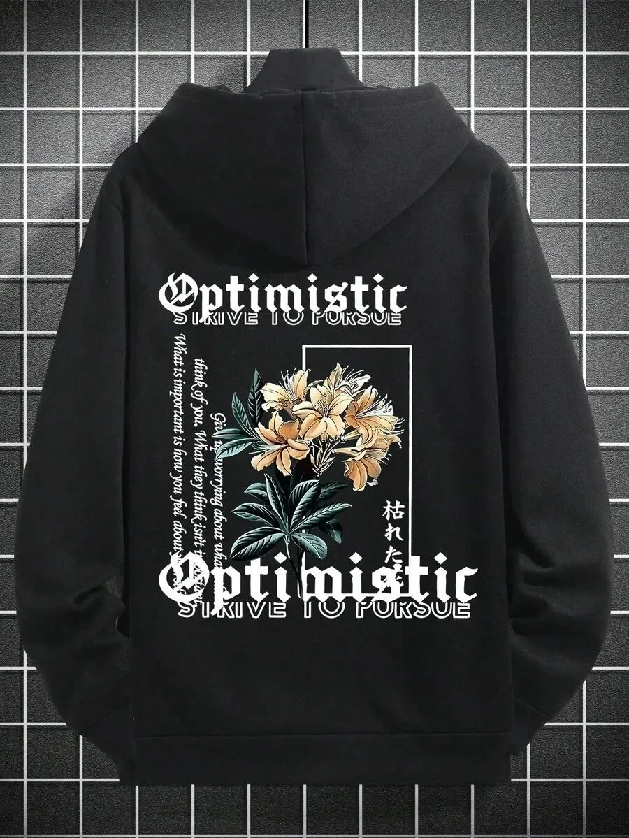 

Casual Pure Cotton Hoodie Adorned with Floral and Multilingual Print Perfect for Everyday Wear and Demonstrating Your Trendy