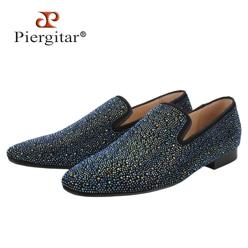Piergitar Black Suede Men's Loafers With Handmade Four Colors Shining Rhinestones Luxurious Brand Same Model Slip-On Slippers