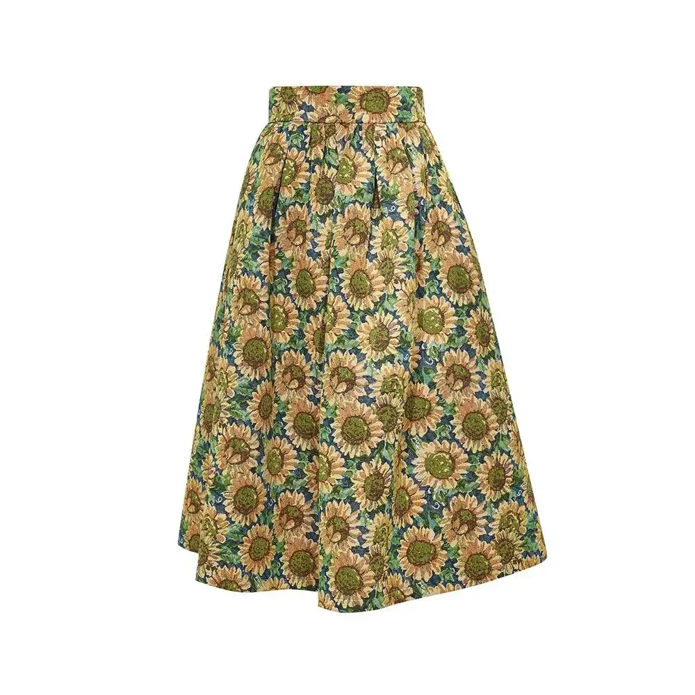 Female sunflower jacquard high waist slimming half body skirt  vintage  maxi skirt  LOOSE FIT  korean style