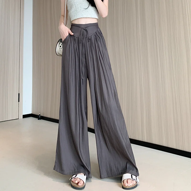 

7 Colors 2023 Summer New Fashion Women Pants Casual Thin Pleated Wide Leg Pants Chic Sweet Thin Belt High Waist Trousers Mujer