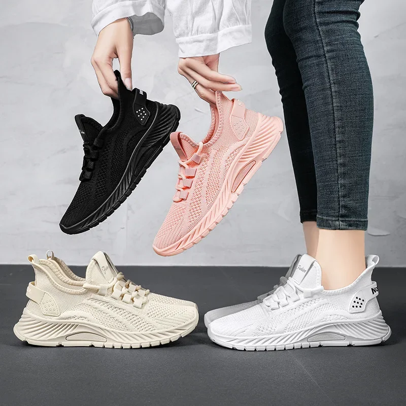 Women Sneakers Summer Mesh Breathable Sports Shoes Casual Soft Sole Flats Jogging Shoes Trendy Lace Up Beige Platform Lady Shoes