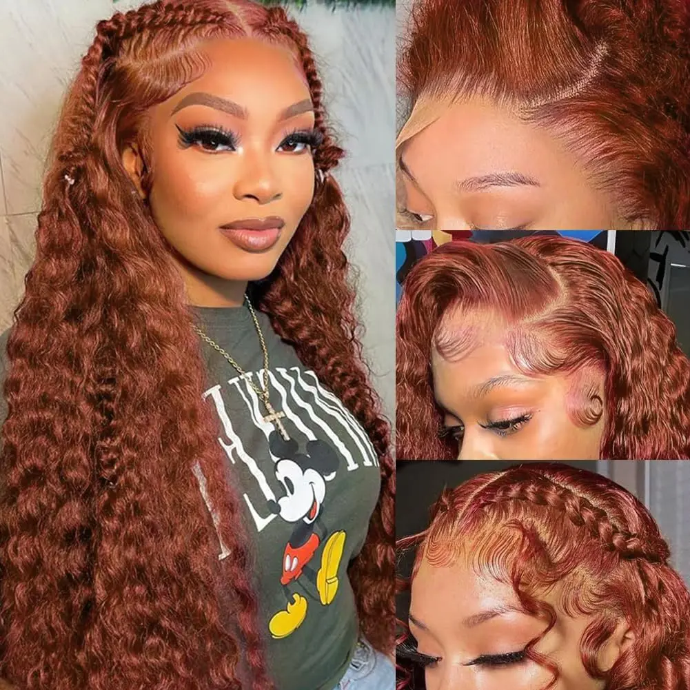 Reddish Brown Deep Wave 13x4 Lace Frontal Wig Brazilian Dark Red Colored 13x4 Lace Front Wig Human Hair For Women