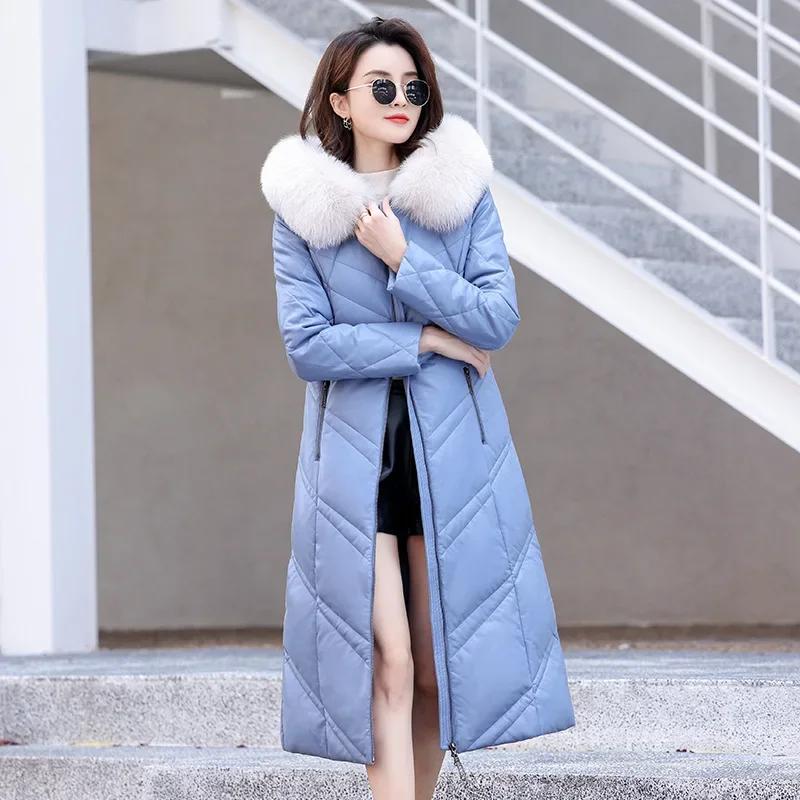 

Genuine Leather Jacket Women 90% White Duck Down Coats Female Casual Jackets for Women Hooded Winter Fox Fur Collar Abrigos