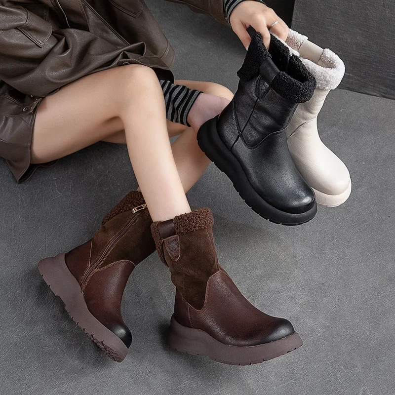 5cm Natural Genuine Leather Chunky Cow Spring Rubber Ankle Boots Soft Soled Winter Plush Flats Booties Autumn Women Shoes