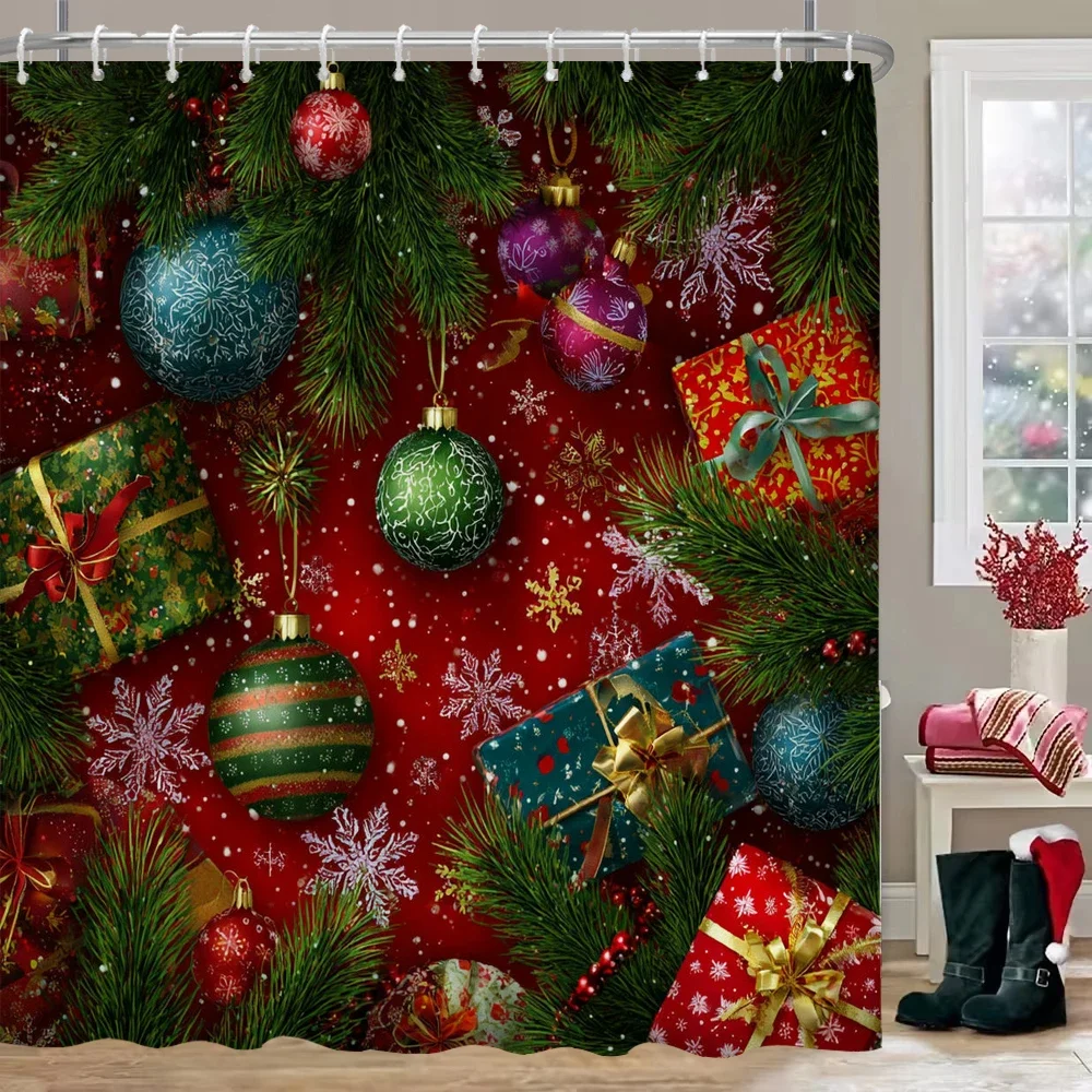 GAEMerry Cortina de chuveiro de Natal, presente de Natal, árvore de Natal, cortina de banheiro com ganchos, estampa de Natal, decoração de casa