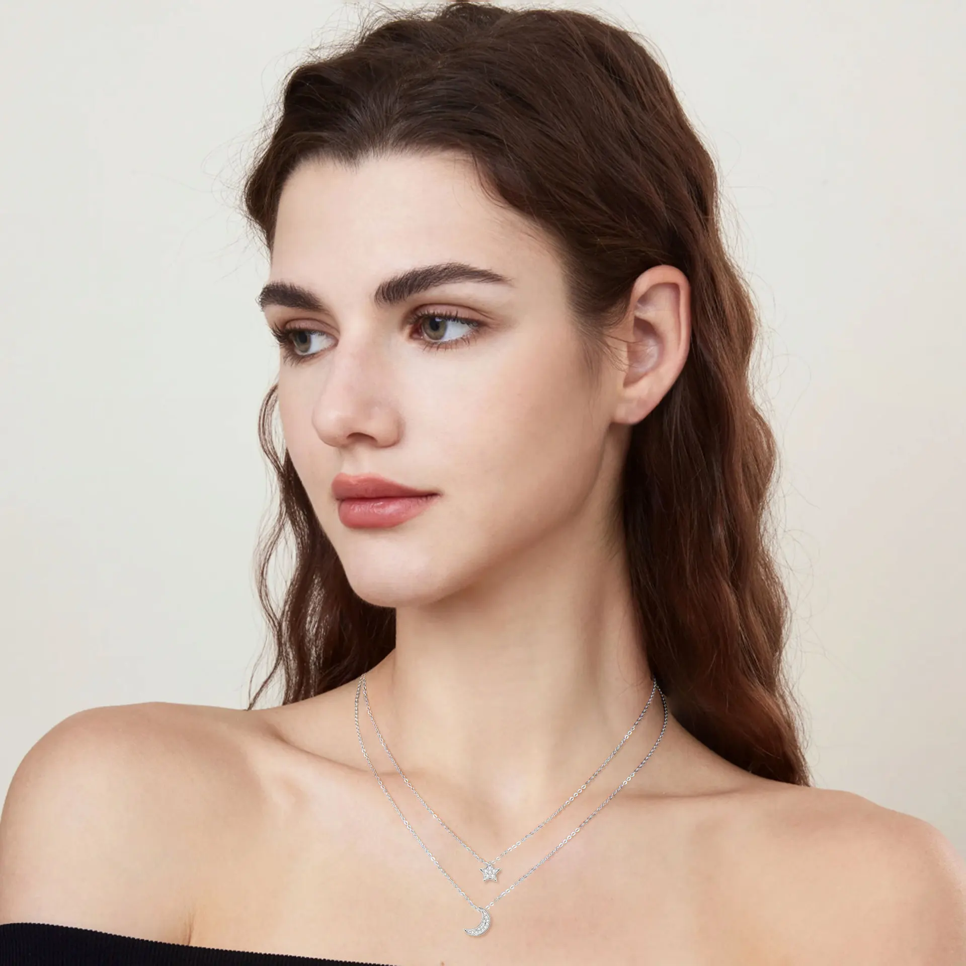 قلادة Sangshi بطبقة مزدوجة على شكل نجمة وقمر للنساء، طراز Ins، فضي عصري كوري و ياباني بسيط S925 Clavic #4