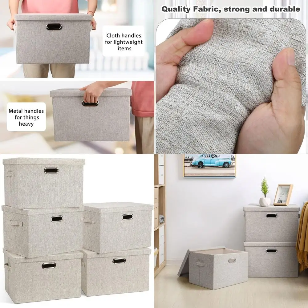 

17 складных контейнеров для хранения с крышками, набор из 5 бежевых тканевых коробок для шкафа, вместимостью 36 кварт, органайзеры для спальни или офиса (17 шт.)